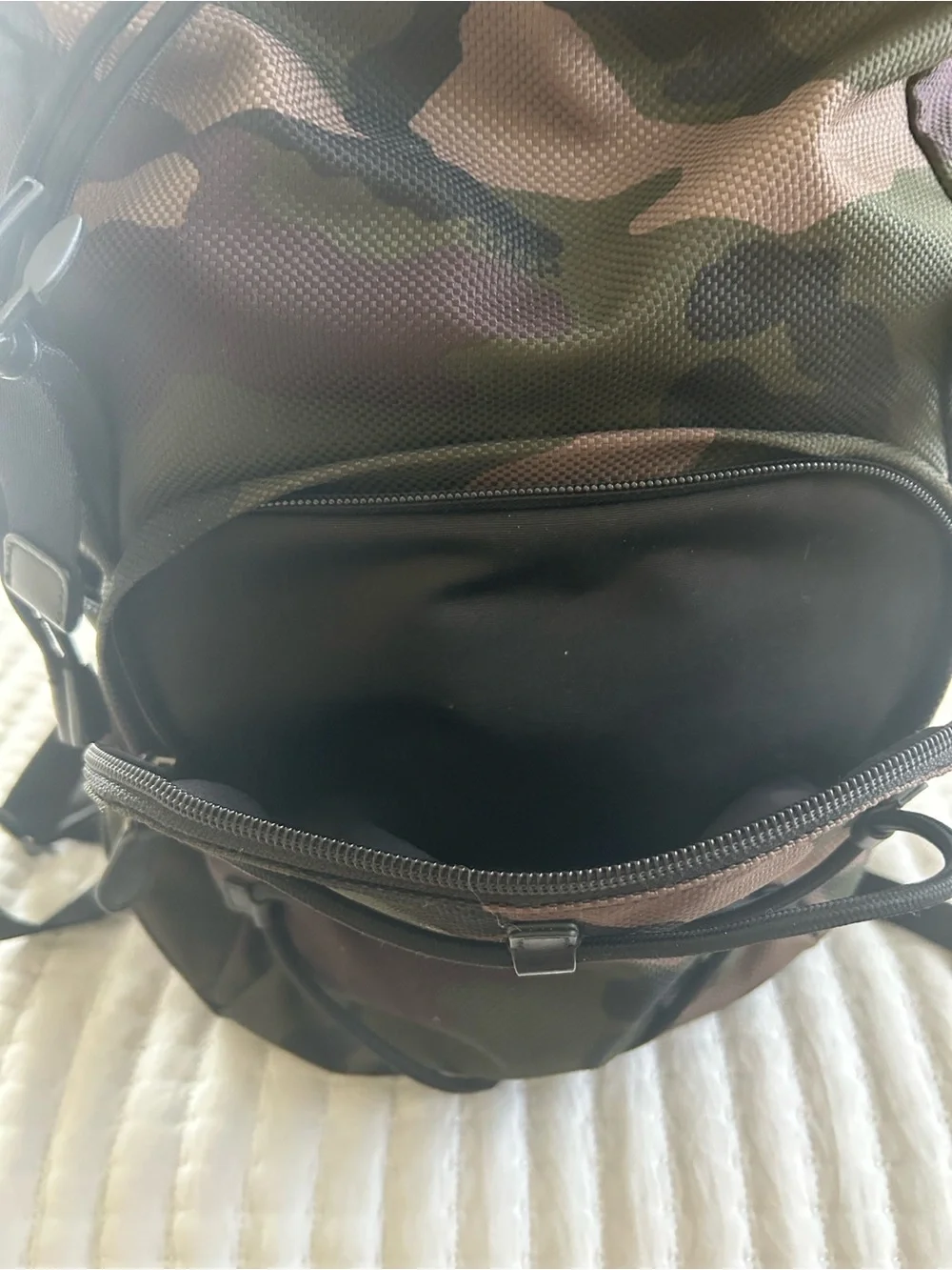 Coach Camouflage Drawstring Backpack w/ leather accents Black, Brown, Green